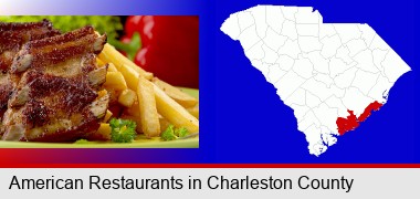 an American restaurant entree (back ribs and french fries); Charleston County highlighted in red on a map