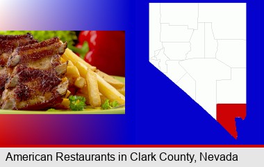 an American restaurant entree (back ribs and french fries); Clark County highlighted in red on a map