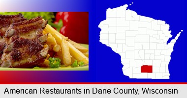 an American restaurant entree (back ribs and french fries); Dane County highlighted in red on a map