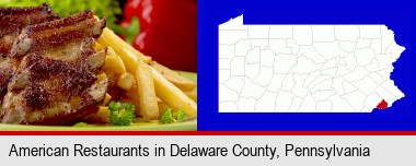 an American restaurant entree (back ribs and french fries); Delaware County highlighted in red on a map