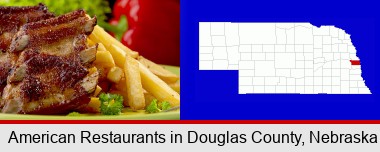 an American restaurant entree (back ribs and french fries); Douglas County highlighted in red on a map