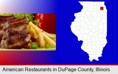 an American restaurant entree (back ribs and french fries); DuPage County highlighted in red on a map