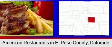 an American restaurant entree (back ribs and french fries); Elbert County highlighted in red on a map