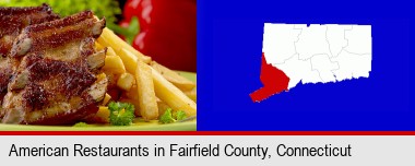 an American restaurant entree (back ribs and french fries); Fairfield County highlighted in red on a map