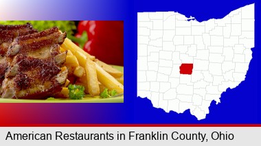 an American restaurant entree (back ribs and french fries); Franklin County highlighted in red on a map