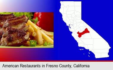 an American restaurant entree (back ribs and french fries); Fresno County highlighted in red on a map