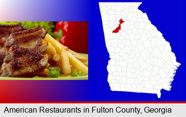 an American restaurant entree (back ribs and french fries); Fulton County highlighted in red on a map