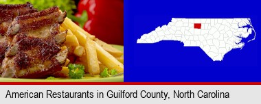 an American restaurant entree (back ribs and french fries); Guilford County highlighted in red on a map