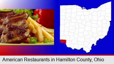 an American restaurant entree (back ribs and french fries); Hamilton County highlighted in red on a map