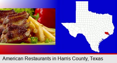 an American restaurant entree (back ribs and french fries); Harris County highlighted in red on a map