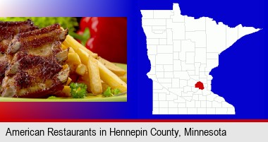 an American restaurant entree (back ribs and french fries); Hennepin County highlighted in red on a map