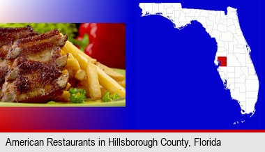an American restaurant entree (back ribs and french fries); Hillsborough County highlighted in red on a map