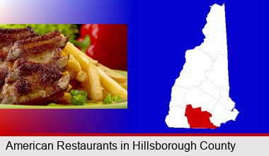 an American restaurant entree (back ribs and french fries); Hillsborough County highlighted in red on a map