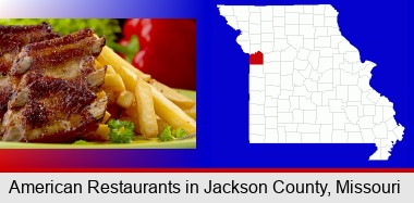 an American restaurant entree (back ribs and french fries); Jackson County highlighted in red on a map