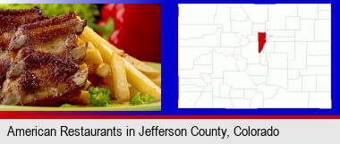 an American restaurant entree (back ribs and french fries); Jefferson County highlighted in red on a map