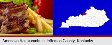an American restaurant entree (back ribs and french fries); Jefferson County highlighted in red on a map