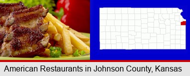 an American restaurant entree (back ribs and french fries); Johnson County highlighted in red on a map