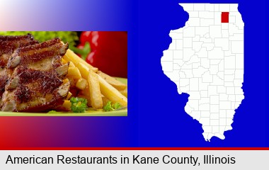 an American restaurant entree (back ribs and french fries); Kane County highlighted in red on a map