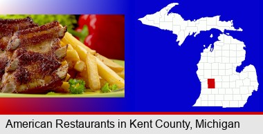 an American restaurant entree (back ribs and french fries); Kent County highlighted in red on a map