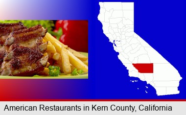 an American restaurant entree (back ribs and french fries); Kern County highlighted in red on a map