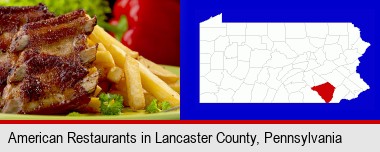 an American restaurant entree (back ribs and french fries); Lancaster County highlighted in red on a map