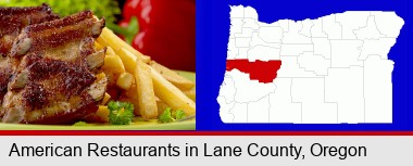 an American restaurant entree (back ribs and french fries); Lane County highlighted in red on a map