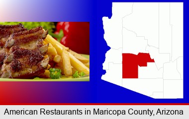 an American restaurant entree (back ribs and french fries); Maricopa County highlighted in red on a map