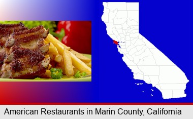 an American restaurant entree (back ribs and french fries); Marin County highlighted in red on a map