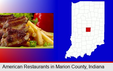 an American restaurant entree (back ribs and french fries); Marion County highlighted in red on a map