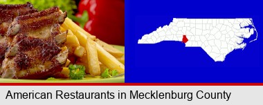 an American restaurant entree (back ribs and french fries); Mecklenburg County highlighted in red on a map