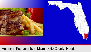 an American restaurant entree (back ribs and french fries); Miami-Dade County highlighted in red on a map