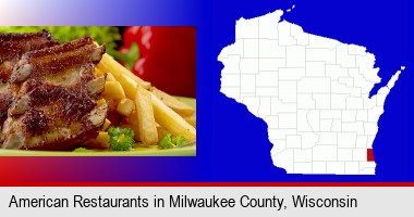 an American restaurant entree (back ribs and french fries); Milwaukee County highlighted in red on a map