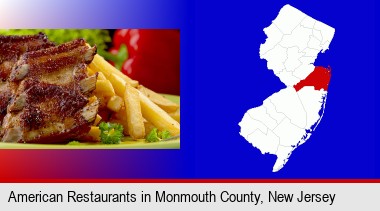 an American restaurant entree (back ribs and french fries); Monmouth County highlighted in red on a map
