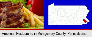 an American restaurant entree (back ribs and french fries); Montgomery County highlighted in red on a map