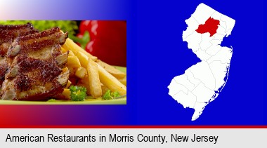 an American restaurant entree (back ribs and french fries); Morris County highlighted in red on a map