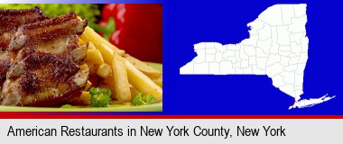 an American restaurant entree (back ribs and french fries); New York County highlighted in red on a map