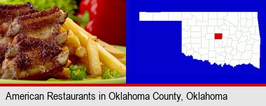 an American restaurant entree (back ribs and french fries); Oklahoma County highlighted in red on a map