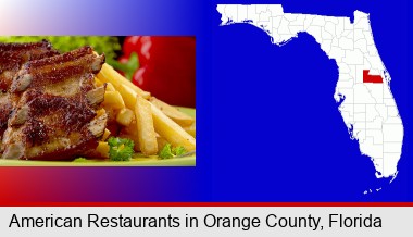 an American restaurant entree (back ribs and french fries); Orange County highlighted in red on a map
