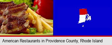 an American restaurant entree (back ribs and french fries); Providence County highlighted in red on a map