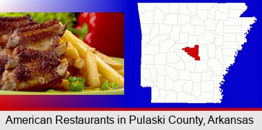 an American restaurant entree (back ribs and french fries); Pulaski County highlighted in red on a map