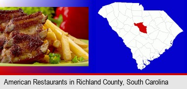 an American restaurant entree (back ribs and french fries); Richland County highlighted in red on a map