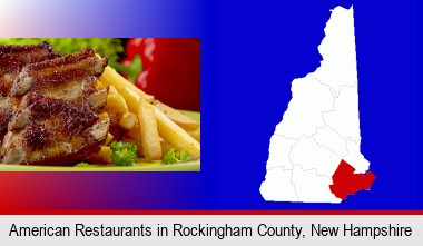 an American restaurant entree (back ribs and french fries); Rockingham County highlighted in red on a map