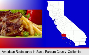 an American restaurant entree (back ribs and french fries); Santa Barbara County highlighted in red on a map