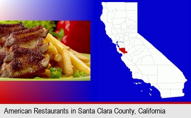 an American restaurant entree (back ribs and french fries); Santa Clara County highlighted in red on a map