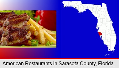 an American restaurant entree (back ribs and french fries); Sarasota County highlighted in red on a map