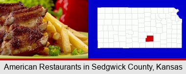 an American restaurant entree (back ribs and french fries); Sedgwick County highlighted in red on a map