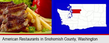 an American restaurant entree (back ribs and french fries); Snohomish County highlighted in red on a map