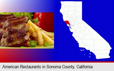 an American restaurant entree (back ribs and french fries); Sonoma County highlighted in red on a map