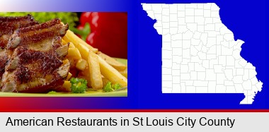 an American restaurant entree (back ribs and french fries); St Louis City highlighted in red on a map