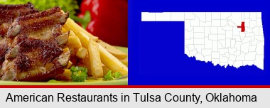 an American restaurant entree (back ribs and french fries); Tulsa County highlighted in red on a map